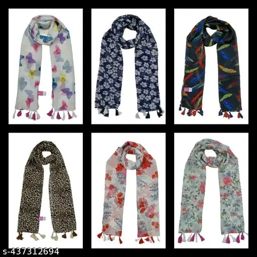 Poly Chiffon Printed Scarves for Women, Pack of 6 (Multicolor, 1.75 m)