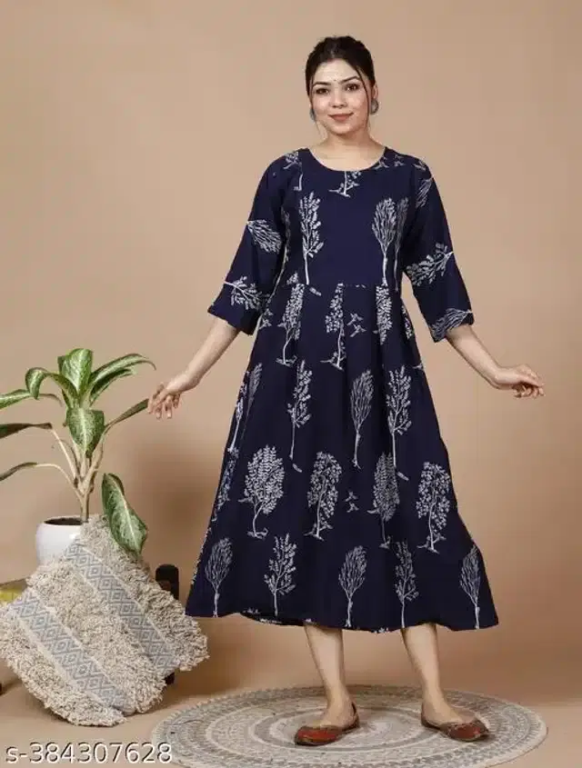 Rayon Printed Fidding Kurti for Women (Navy Blue, L)