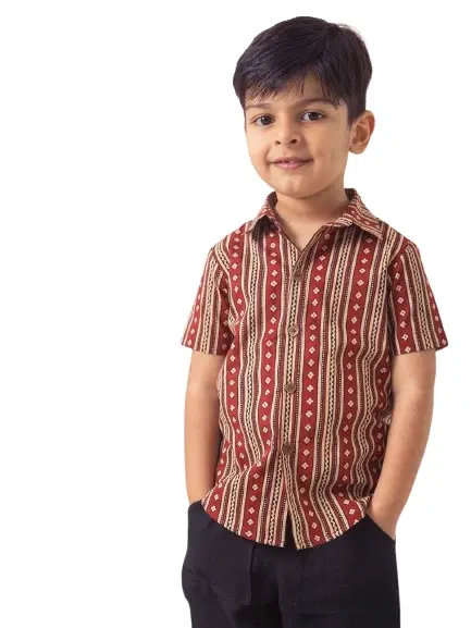 Cotton Blend Printed Shirt For Boys, Broun (1-2 year)