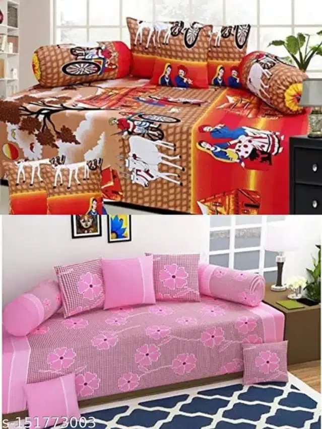 Polycotton Diwan Cover Set, Multicolor, Combo of 2