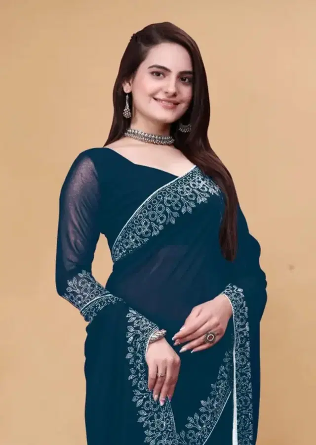 Georgette Embellished Saree for Women (Teal, 6.3 m)