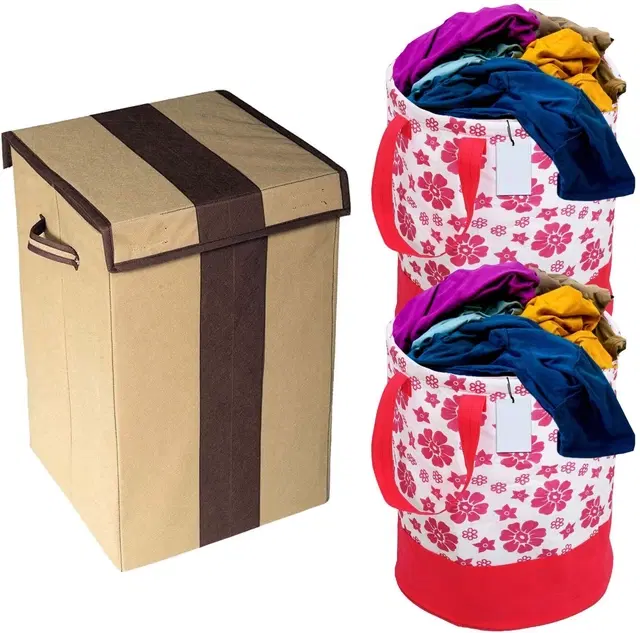 Canvas Laundry Basket,Brown & Pink,  (Pack Of 3)