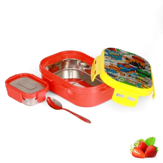 Stainless Steel Insulated 2 Containers Lunch Box with Spoon for Kids, 1x600 ml, 1x150 ml, Red, Set of 1