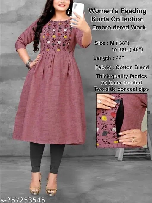 Floral Embroidered Maternity Kurti Set (Maroon, M)