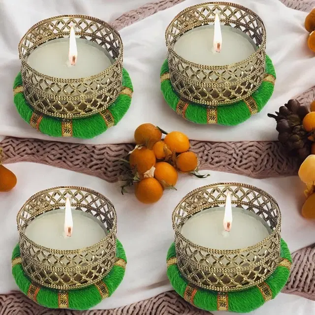 Metal Designer Tealight Candle Holder, Green, 5x5x2 cm, Pack of 4