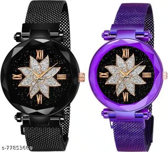 Analog Watch for Women, Pack of 2 (Purple & Black)