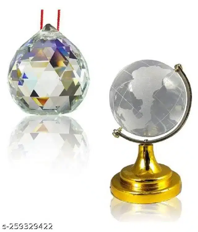 Crystal Ball Wall Hanging with Feng Shui Globe Showpieces, Gold & Transparent, Set of 2