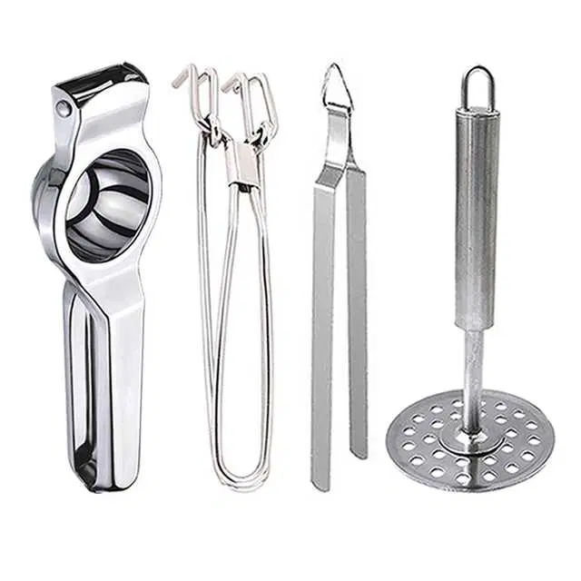 Stainless Steel Lemon Squeezer & Pakkad & Roti Chimta & Potato Masher For Kitchen, Set of 4, OC-049