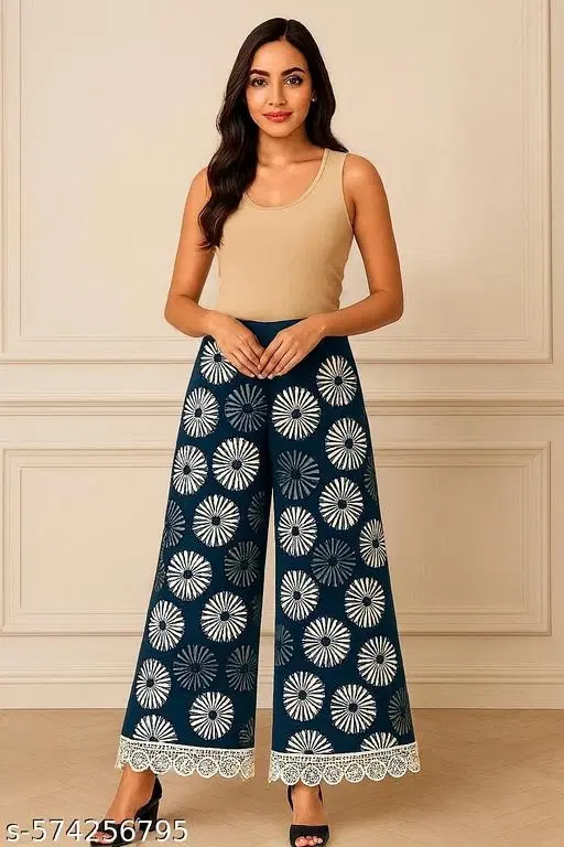 Floral Print Palazzo with Lace Border for Women (Multicolor, S)