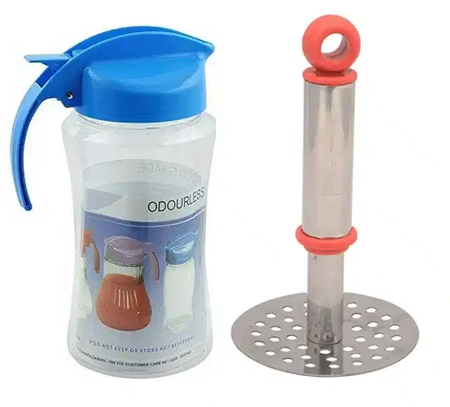 Plastic Leak Proof Oil Storage Container, 1000 ml with Masher, Multicolor, Set of 2