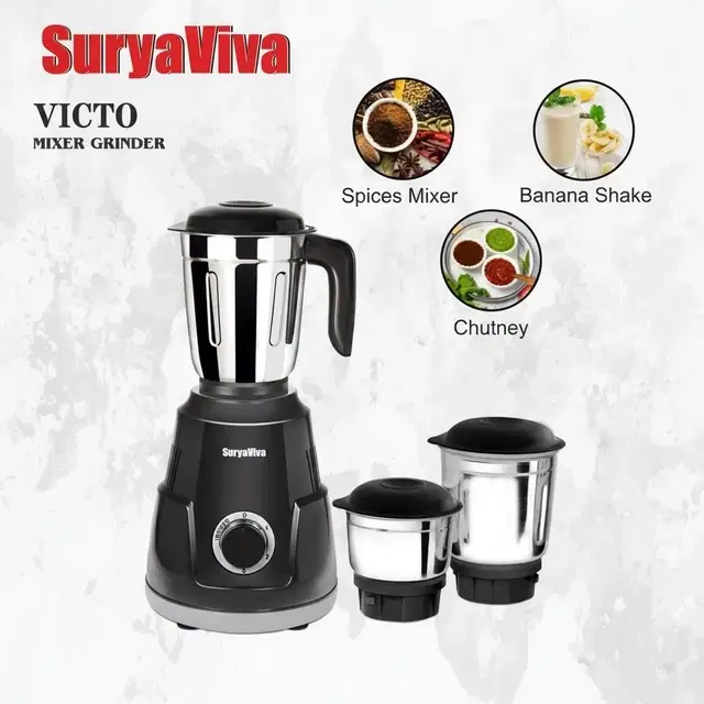 SURYAVIVA Victo 750 W Mixer Grinder, Victo Mixer Grinder 750 Watt | 3 Jars | Black