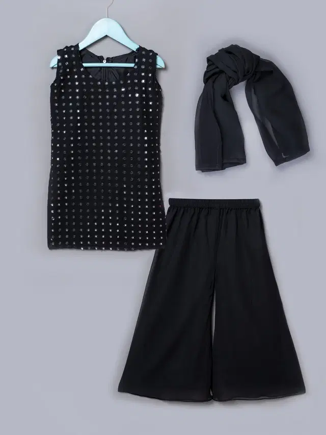 Georgette Embroidered Kurti with Sharara & Dupatta for Girls (Black, 4-5 Years)
