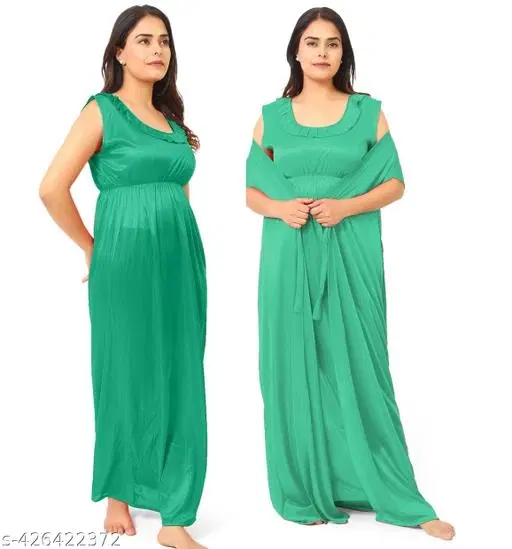 Satin Soft & Attractive Nightdress for Women & Girls , Green (M)