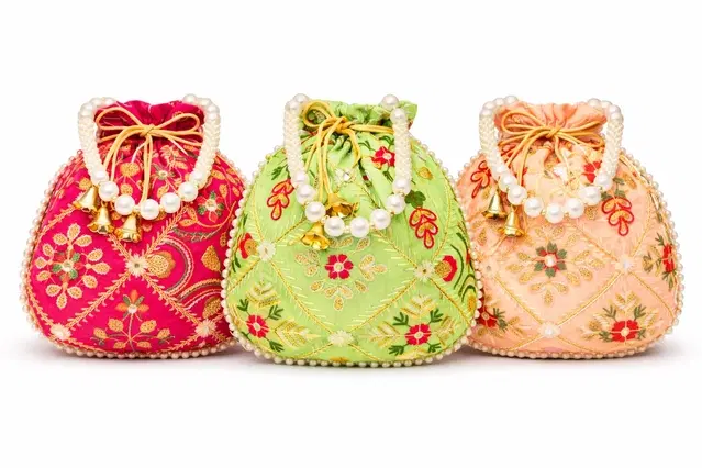Handcrafted Embroidered Silk Potli Bag, Multicolour, Pack of 3