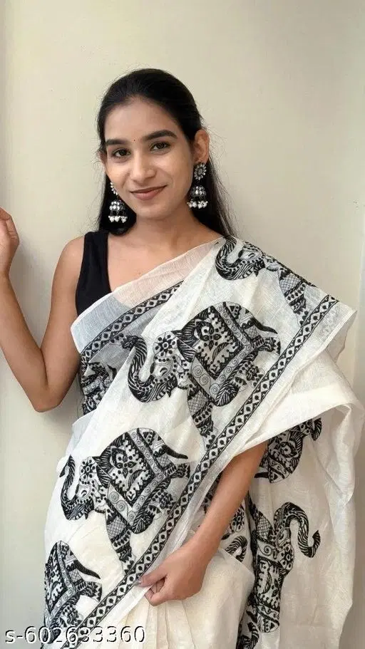 Elephant Printed Chanderi Fabric (White, Free Size)