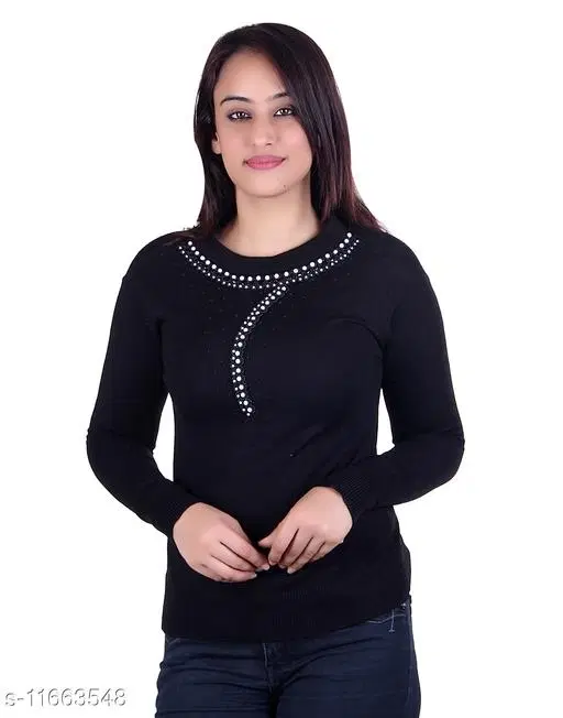 Acrylic Embellished Sweater for Women (Black, M)