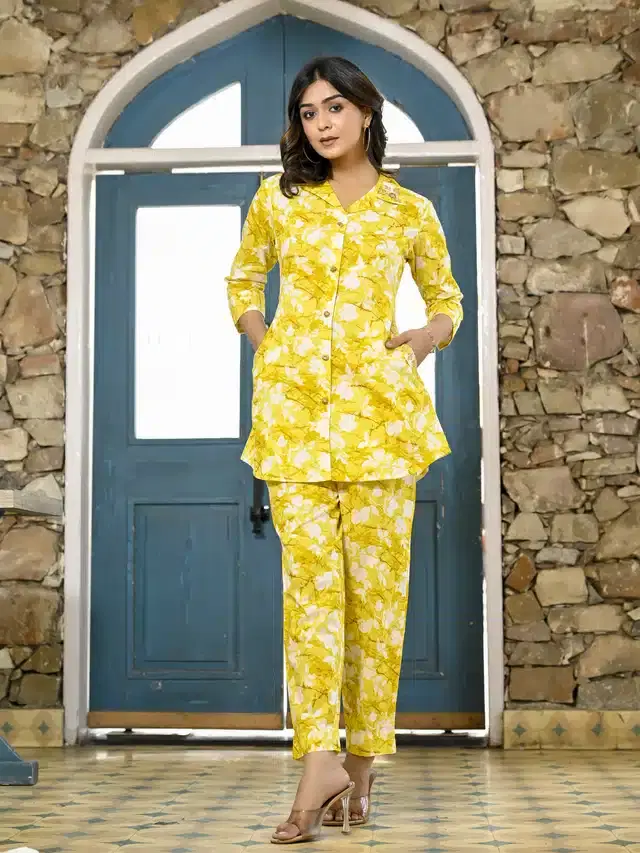 Cotton Printed Co-ord Set for Women (Yellow, M)