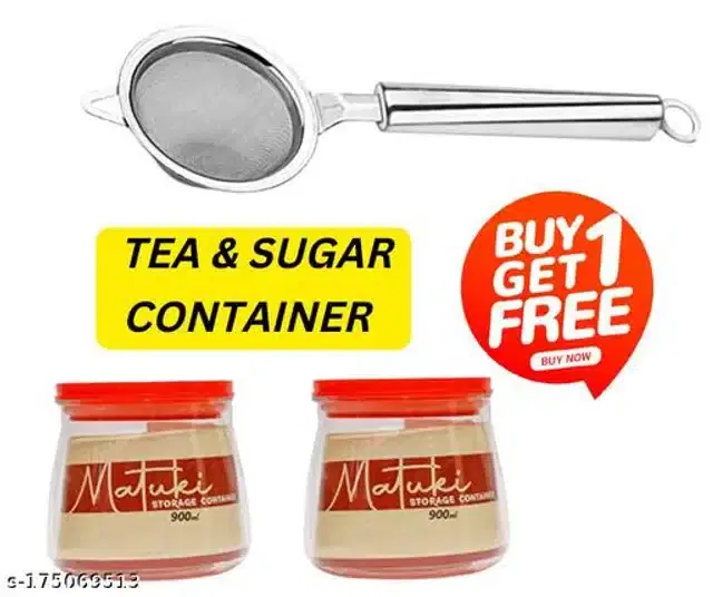 Stainless Steel Tea Strainer with 2 Pcs Kitchen Storage Jars, 900 ml, Multicolor, Set of 2