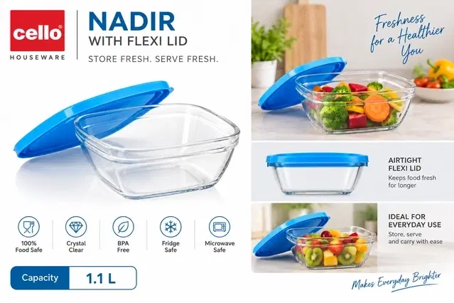 Cello Nadir Glass Bowl With Lid, 1.1 L | Pack Of 1 | Airtight Lid | Stackable | Serve & Store