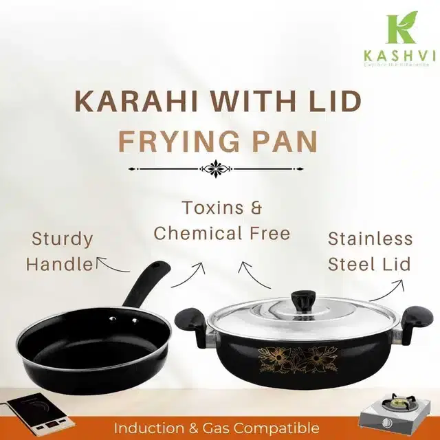 Non Stick Kadai with Stainless Steel Lid & Frying Pan, Black, Set of 2