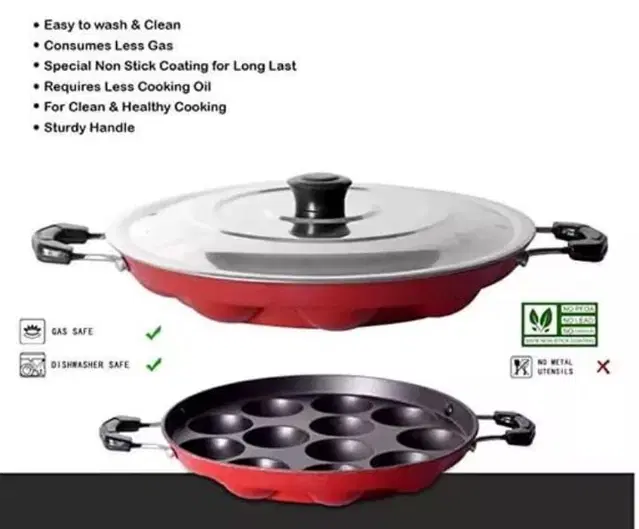 ZODEX 12 Cavities Non Stick Appam Patra with Lid and Side Handle, Multicolor, 21 cm