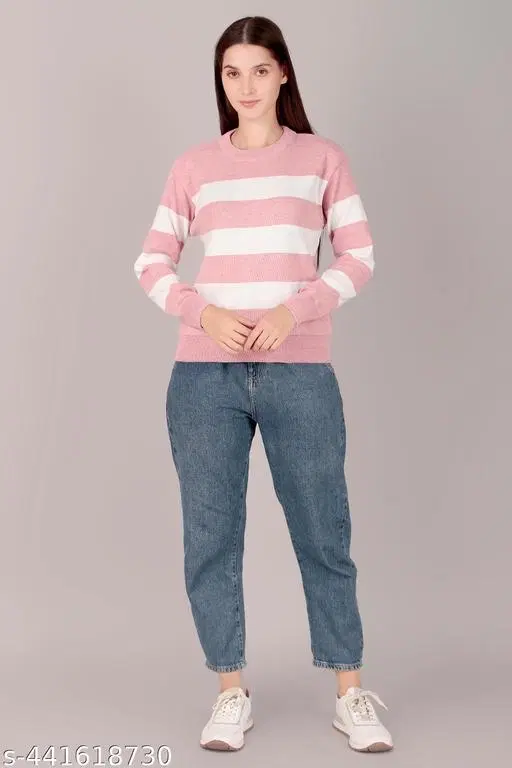 Acrylic Sweater for Women (Pink & White, M)