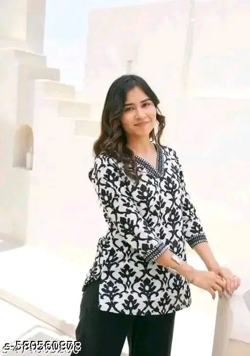 Rayon Printed Short Kurti for Women, White (XS)