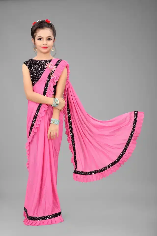 Ready to Wear Saree with Unstitched Blouse for Kids (Pink, 4-5 Years)