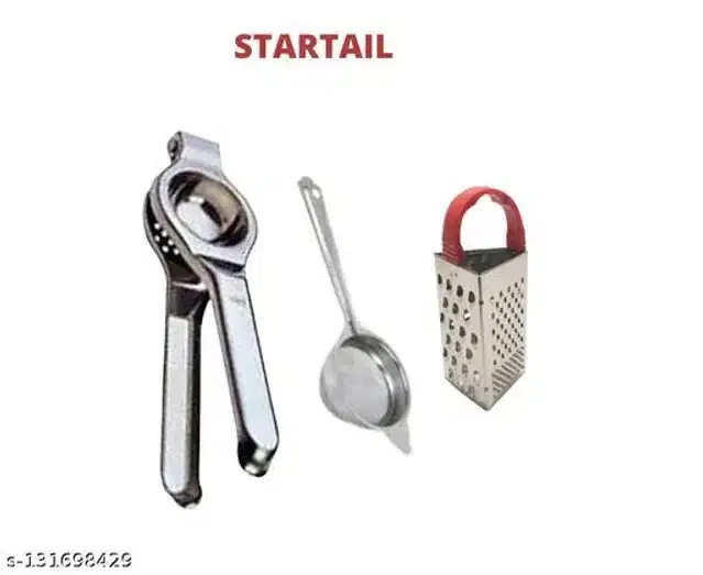 Stainless Steel Lemon Squeezer with Tea Strainer & Cheese Grater, Silver, Set of 3