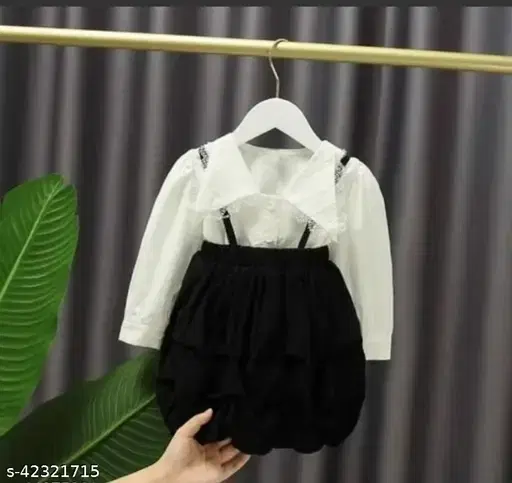 Crepe Solid Dungarees for Girls, White & Black ( 0-6 Months)