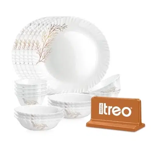 Treo By Milton Opalware Neuma Silvia Dinner Set Of 18 | Serving For 6 | Microwave & Dishwasher Safe | Bone-Ash Free | Tempered Toughness | Plates & Bowls | Crockery Set For Dining & Gifting