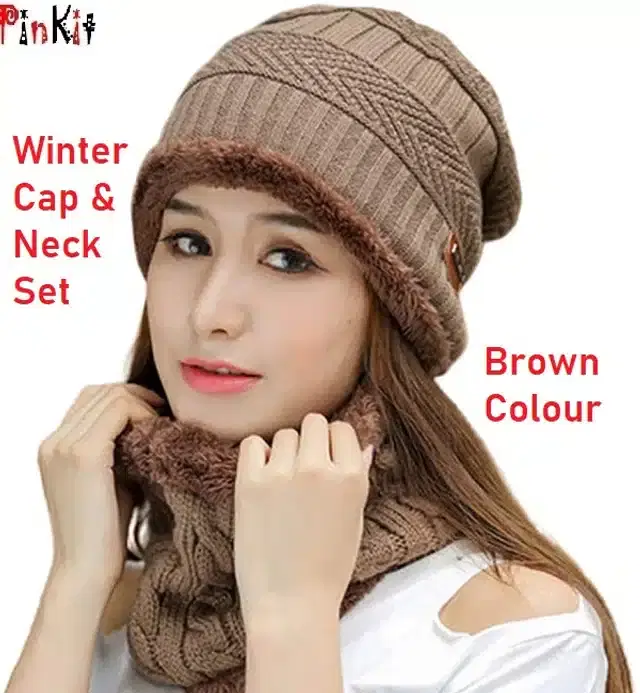 Winter Cap with Neck Warmer for Men & Women, Set of 1 (Brown)