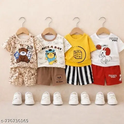 Printed Cotton T-Shirt & Shorts Set for Boys, Pack of 4 (White, 2-3 Years)