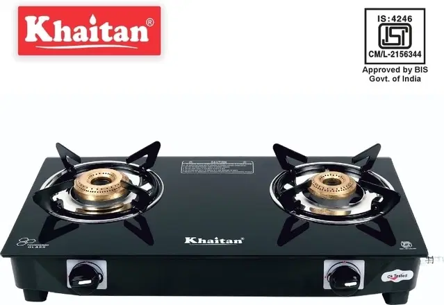 Khaitan 2 Burner BP Nano MS Black Glass Manual Gas Stove, 2 Burners, Pack of 1