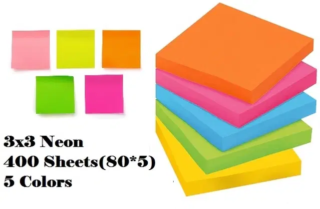 Paper Neon 80 Pcs Sticky Notes, Multicolor, 3x3 inches, Pack of 5