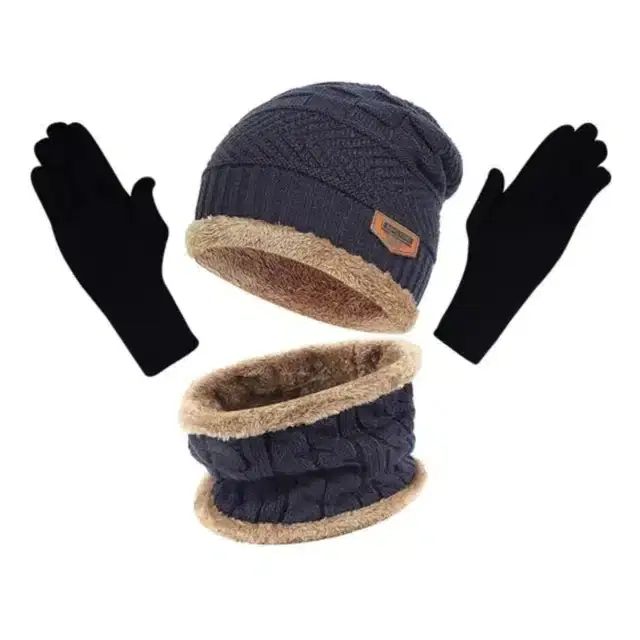 Balaclava Cap with Neck Warmer & Gloves, Set of 1 (Blue)