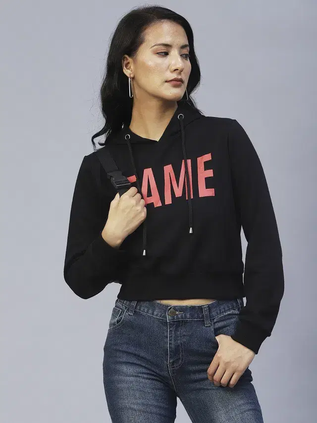 Women's Neon Printed Hooded Sweatshirt (Black, L)