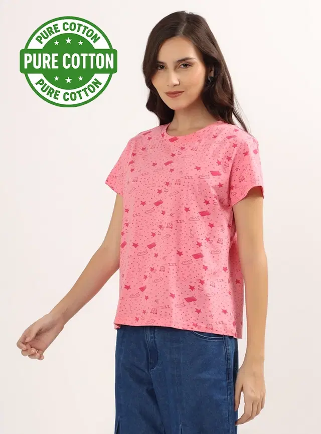 Round Neck Printed T-Shirt for Women, Pink (L)