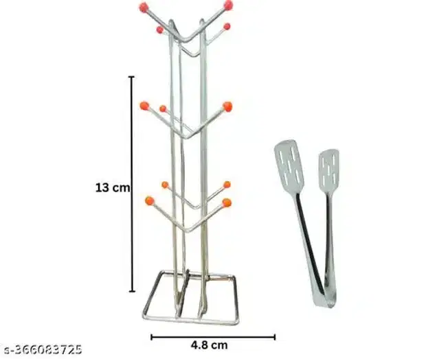 Stainless Steel Cup Stand with Cooking Tong, Silver, Set of 2