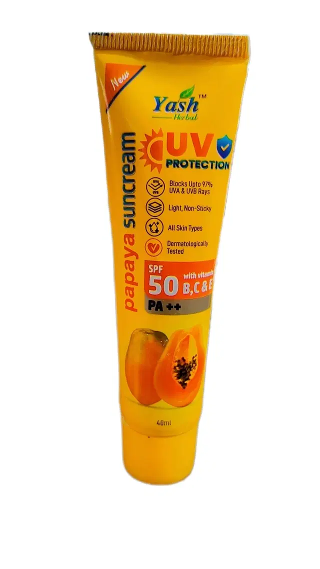 Yash UV Protection SPF 50 with Vitamin B, C & E Papaya Sunscreen Lotion, 50 ml