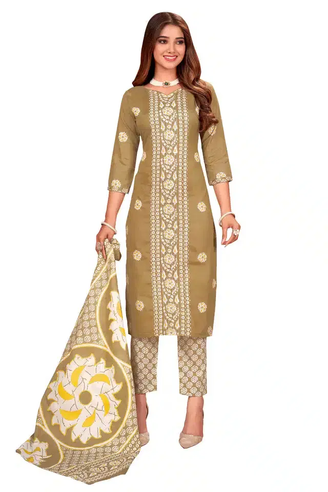 Cotton Suit Fabric with Dupatta for Women (Beige & White)