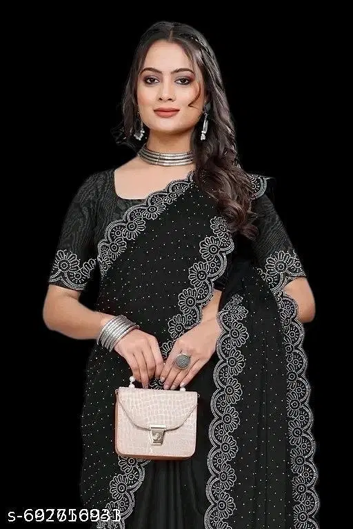 Chiffon Embellished Saree For Women, Black