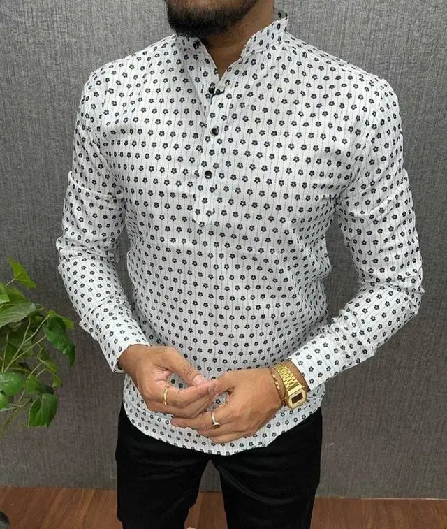 Cotton Blend Printed Short Kurta for Men, White (XL)