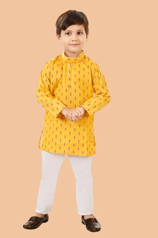 Cotton Blend Printed Kurta with Payjama for Boys, Yellow & White (12-13 Years)