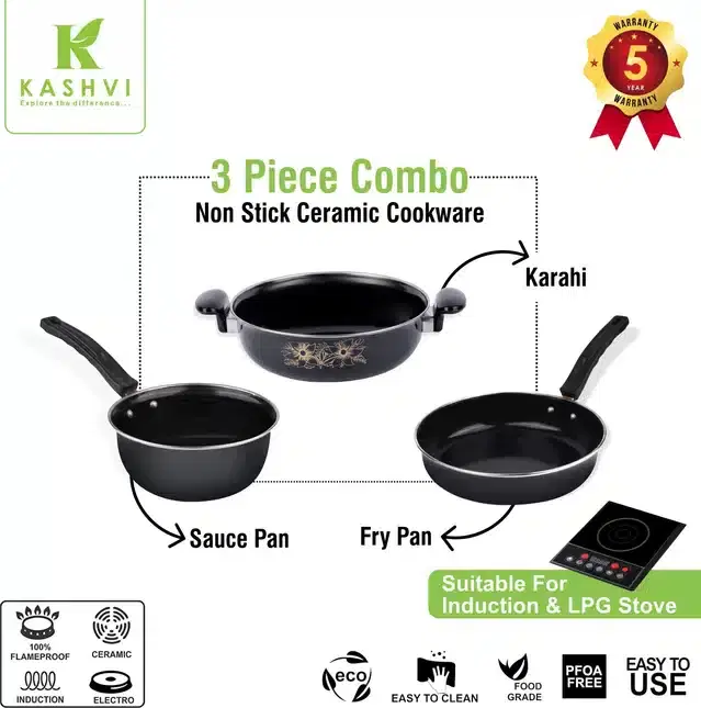 Non Stick Kadai, Stainless Steel Lid & Frying Pan with Saucepan, Black, Set of 3