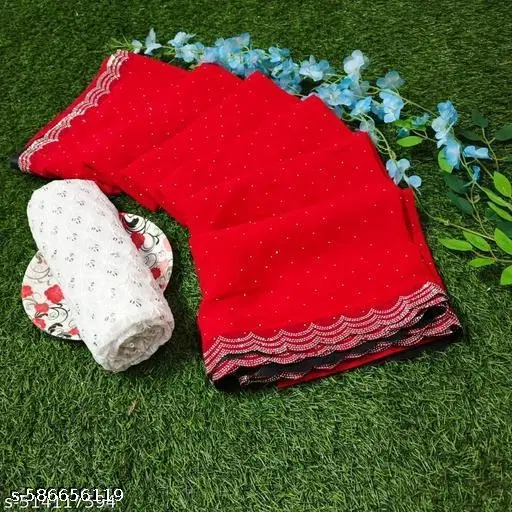 Georgette Solid Saree For Women, Red