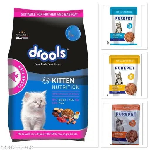 Drools Kitten Ocean Fish 1.2kg + Purepet Real Chicken Gravy 50gm + Purepet Tuna Gravy 50gm + Purepet Mackerel Gravy 50gm Cat Food ,(pack of 4)