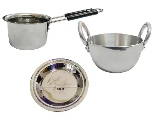 Aluminium Kadhai with Stainless Steel Saucepan & Parat, Silver, Set of 3