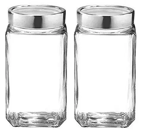 Afast Cube Glass Grocery Container Jar With Airtight Leakproof Attractive Steel Lid 1000ml, Pack Of 2