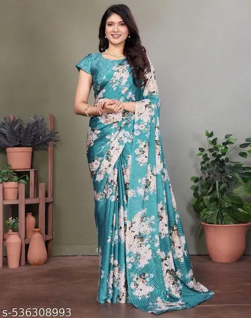 Tussar Silk Printed Saree for Women, Teal (6.3 m)